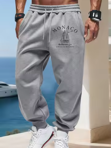Monaco French Riviera Print Autumn Long Pants Man'S Fleece Warm Sweatpants Sports Drawstring Britche