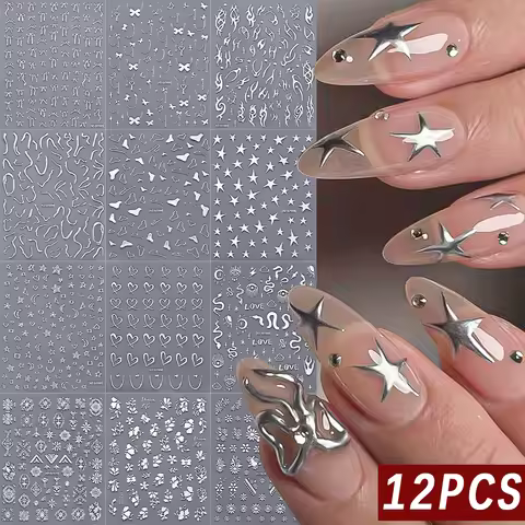 12pcs/set 3D Bronzing Sun Moon Nail Art Stickers Decals Holographic Silver Stars Line Designs DIY Ma