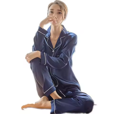 Simulation silk pajamas women's autumn long-sleeved ice silk two-piece set casual cardigan silk paja