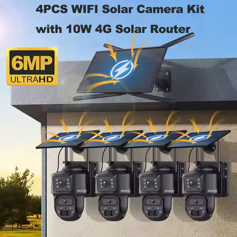 SHIWOJIA 6MP WiFi Solar Security System Cameras Home Wireless Outdoor 4 Cameras Kit 10W 4G Solar Rou