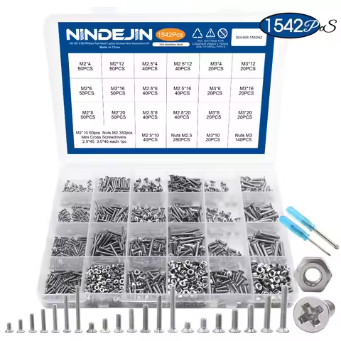 NINDEJIN Laptop Screw Set Stainless Steel M1-M5 Flat Head Phillips Machine Screw and Nut Glasses Pho