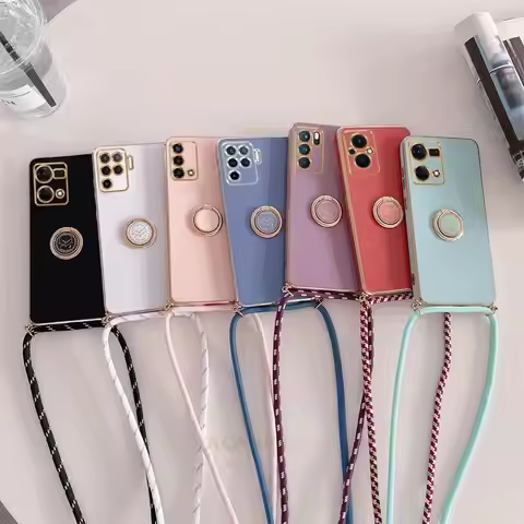 Reno7 Plating Ring Holder Cord Strap Crossbody Lanyard Case For OPPO Reno 7 8 6 5 Lite 4G 5G Back Co