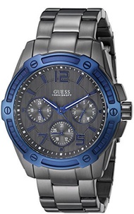 GUESS Men s U0601G1 Grey Multi-Function Watch with Day, Date, 24 Hour Int l Time &amp; Blue Top Ring