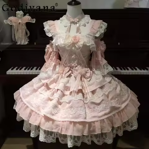 Sweet Lolita Pink Dresses JSK 2025 New Japanese Style Girl's Slim Fit Elegant Princess Dress Woman's