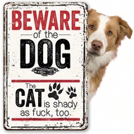 HELLOYOUNG Funny Metal Sign Beware of Dog Cat Shady Retro Wall Art Decor for Home Garden House