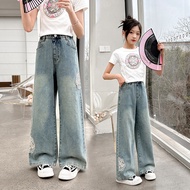Teenagen Girls Jeans Spring/Autumn New Chinese Style Embroidered Wide Leg Long pants Baggy Denim Trousers for 4-15yrs Kids Girl