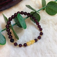 999硬金足金貔貅+18K金珠襯6mm石榴石