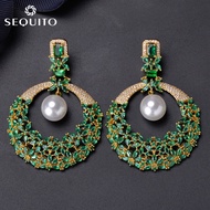 SEQUITO Bông Tai Hình Tròn Lớn CZ Mạ Vàng Sang Trọng Kiểu Ấn Độ Với Ngọc Trai Xám Bông Tai Rỗng To B