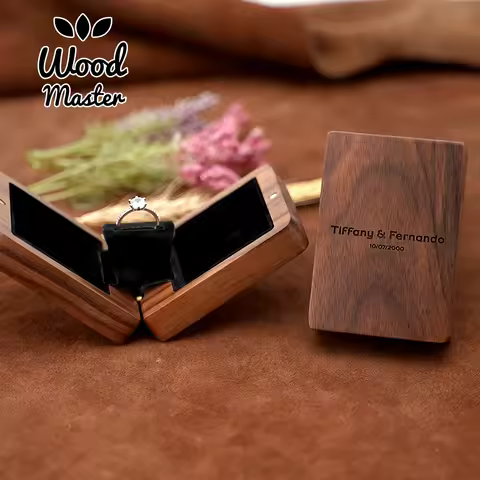 Proposal Ring Box Walnut Wood Slim Ring Case Custom Names Text Engagement Ring Storage Gift for Her 