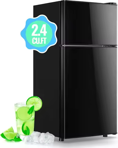 Black Mini Fridge with Freezer & Double Door for One - Person Use - 2.4 Cu.Ft, 7 Temperature Control