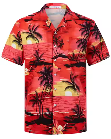Summer Fashion Mens Hawaiian Shirts Short Sleeve Button Coconut Tree Printed Casual Beach Aloha Shir