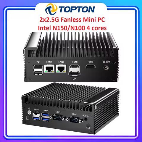 Topton Fanless Mini PC Intel N150 N100 Solid Firewall PC 2x2.5G Nics 2*COM NVMe DDR4 2*HD 1*DP Type-