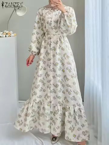Summer Bohemian Muslim Dress Elegant Abaya Women Long Sleeve Printed Dresses ZANZEA Dubai Long Vesti