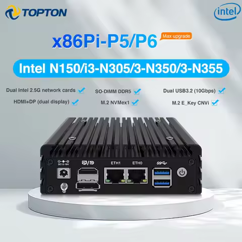 Topton P5 P6 Max Fanless Palm Mini PC Intel Twin Lake 3-N355 N350 N150 Dual 2.5G LANs 6*USB HDMI+DP 