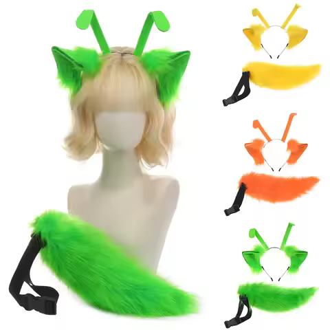 Alien Kitten Ear Headband Set Green Yellow Orange Tail Halloween Cosplay Costume Set Handmade Plush 