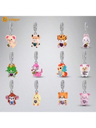 1pc Silver-Plated Fashionable Beaded Pendant, Original Chinese Zodiac 12 Animals Design, Mouse Baby 