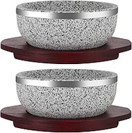 2 Pack Granite Stone Bowl 32 oz, Dolsot Pot with Wood Base for Cooking and Serving Korean Bibimbap, 