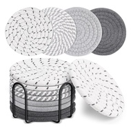 8 Pcs Drink Coasters with Holder, 4 Colors Absorbent Coasters for Drinks, Cotton Woven Coaster Set f