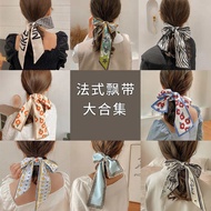 klip rambut aksesori wanita Vintage French Silk Scarf Ribbon Hair Ring Ikatan Ikatan Ikatan Tali Kep