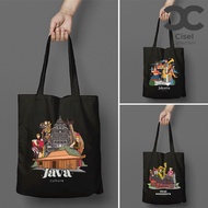 CISEL Tote Bag Hitam Tas Kanvas TEBAL Resleting Kota Besar dan Wisata Indonesia Lucu Imut Aesthetic