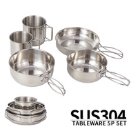 CLS 5 pcs Tableware Stainless Steel Plate Bowl Set Mess Kit Camping Hiking Portable Cooking Cookware