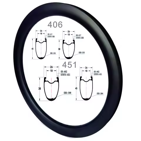 20 Inch Folding Bicycle Carbon Rims 406 451 Bike Rims Disc Brake 26mm Width 38mm 45mm Depth Tubeless
