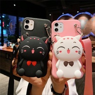 OPPO A33 A93 A71 A15 A15S F11Pro F11 F5 F7 F1S F3 F17 F17pro F5youth aslant sling Fortune Cat Wallet Case Cute cat backpack mobile phone case TPU silicone card bag strap mobile phone protective cover