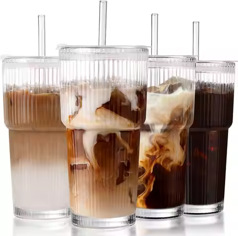 20oz Leak Proof Glass Tumbler with Lid and Straw, Reusable Iced Coffee Cups 4Pcs - Ribbed Design for