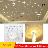 50Pcs Star Shape 3D Acrylic Mirror Wall Stickers Home Decor Wall Art Decals Stickers Living Room Bed Room Ceiling Mirror Wall Sticker Home Decoration