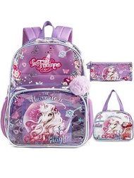 Mochila Impermeable De Pvc De Moda Con Patrón De Unicornio De Dibujos Animados Para Niños/niñas, Juego De 3 Piezas Con Ventana Transparente, Bolsa De Almuerzo Y Estuche Para Lápices, Con Colgante De Peluche, Gran Capacidad, Protección De La Espina Dorsal, Alivia La Presión En Los Hombros Y La Espalda, Mochila Escolar Para Estudiantes (sin Revisión De Seguridad)