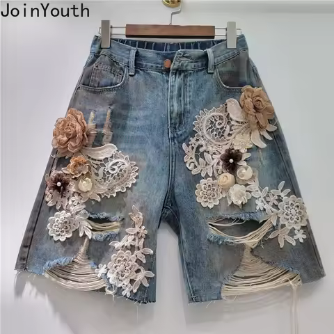 New Bottoms Jeans Y2k Shorts Women Hole 3D Floral Straight Wide Leg Pants Lace Casual Fashion Summer