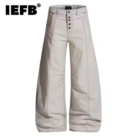 IEFB American Solid Color Washed Distressed Men's Jeans Button Placket Mid Waist Full Length Wide-le