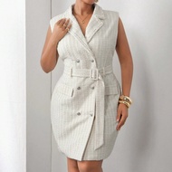 2025 New Plus Size Women Elegant Sleeveless Sheath Dress With Blazer Collar, Suitable For Banquet, D