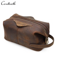 CONTACTS Crazy Horse Genuine Leather Cosmetic Bag Toiletry bag Vintage Wash Bag Make Up Bags Travel
