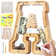 Letter Piggy Bank for Kids Boys Girls Wooden Personalized Piggy Banks A-Z Double Clear Alphabet Bank