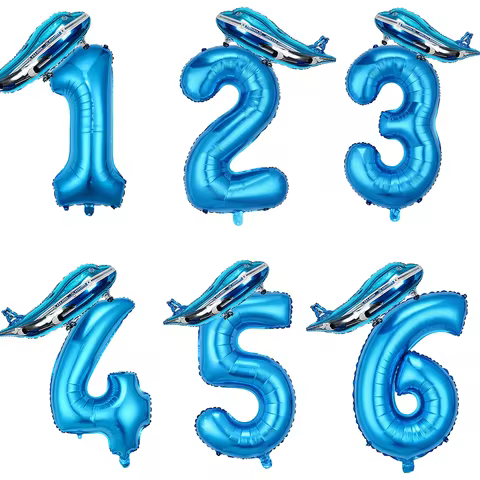 Aviation Theme Blue Airplane Cloud Star Foil Balloon Set Number 0-9 Kids Boys Birthday Party Decor B