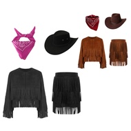 Moily Girls Western Cowboy Cowgirl Costume Long Sleeve Tassels Fringe Open Front Coat with Tiered Sk