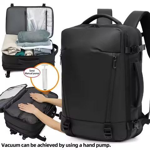 Vacuum sealed travel backpack 50L-65L with expandable air compression and inflation pump