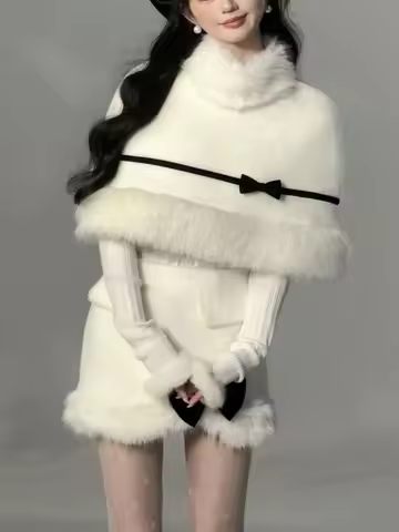 Autumn Winter French Elegant Fashion 3-piece Sets Women Design Fur Collar Coats + Y2k Tops + Skirts 