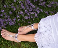 白色波西米亞風赤足涼鞋，新娘編織繫帶足部飾品，海灘婚禮蕾絲鞋