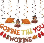 Gobble Till You Wobble Banner, Turkey and Ham Hanging Swirls, Funny Thanksgiving Dinner Supplies, Colorful Fall Housewarming Party Decor, Autumn Decor, Thanksgiving Party Decorations, 8Pcs