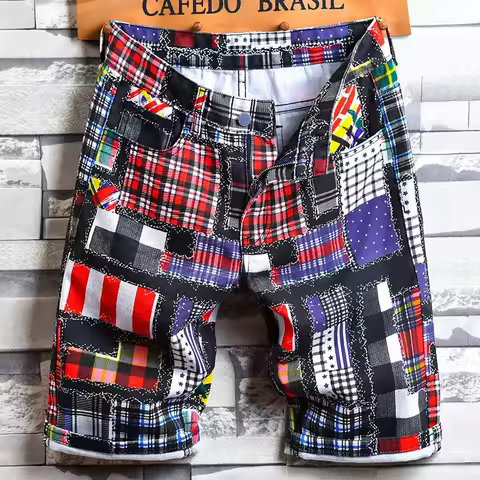 New Summer Designer Floral Plaid Print Denim Shorts Streetwear Hole Straight Slim Casual Jeans Short