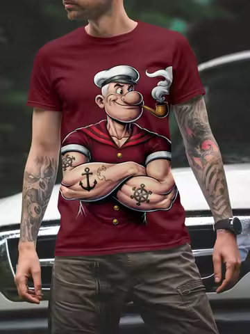 Men's Short-Sleeve T-Shirt Popeye the Sailor Graphic Printed Round-Neck Short Sleeve Retro Cartoon C