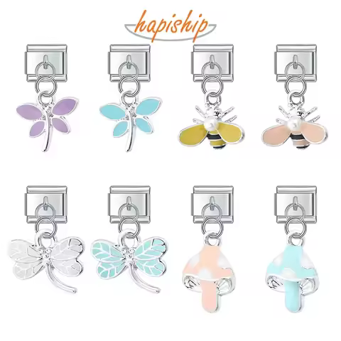 Hapiship New Colour Glaze Dragonfly Seahorse Bee Mushroom Italian Links Fit 9mm Stainless Steel Brac