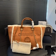 Real Shot❤ C/New Style Pure Leather Lamb Wool Beach Bag Commuter High-value Portable Tote Bag Large 