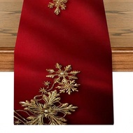 1pc Red Background Golden Snowflake Table Runner, Exquisite Golden Snowflake Decoration, Warm Festiv