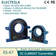 ES-K7ฮอลล์เครื่องส่งกระแสไฟฟ้า DC 4-20mA 0-3000A 0-5V 0-10V เอาต์พุตแยกคอร์ทตัวแปลงสัญญาณกระแสแบบเปิ