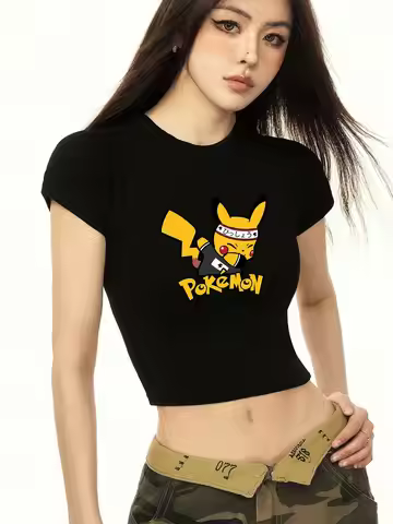 Japanese Anime Pikachu Girl Tee Shirt Summer Crop Tops Soft Tshirt Popular Tight Lovely Tees Slim Fi