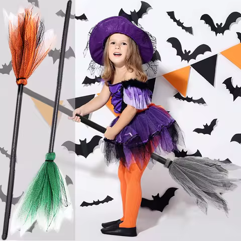 Kid Witch Broom Plastic Prop Cosplay Flying Broomstick Magic Enchanter Sorceress Halloween Carnival 