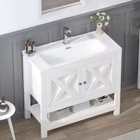 Farmhouse Bathroom Vanity with Sink – 35" Cabinet, Freestanding Design with 2 Doors & Open Shelf